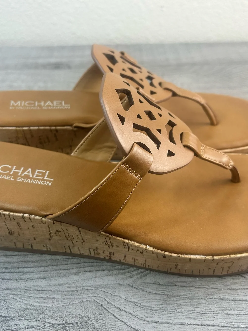 Michael by Michael Shannon Brown Cork Wedge Thong Sandals Women’s Size 9